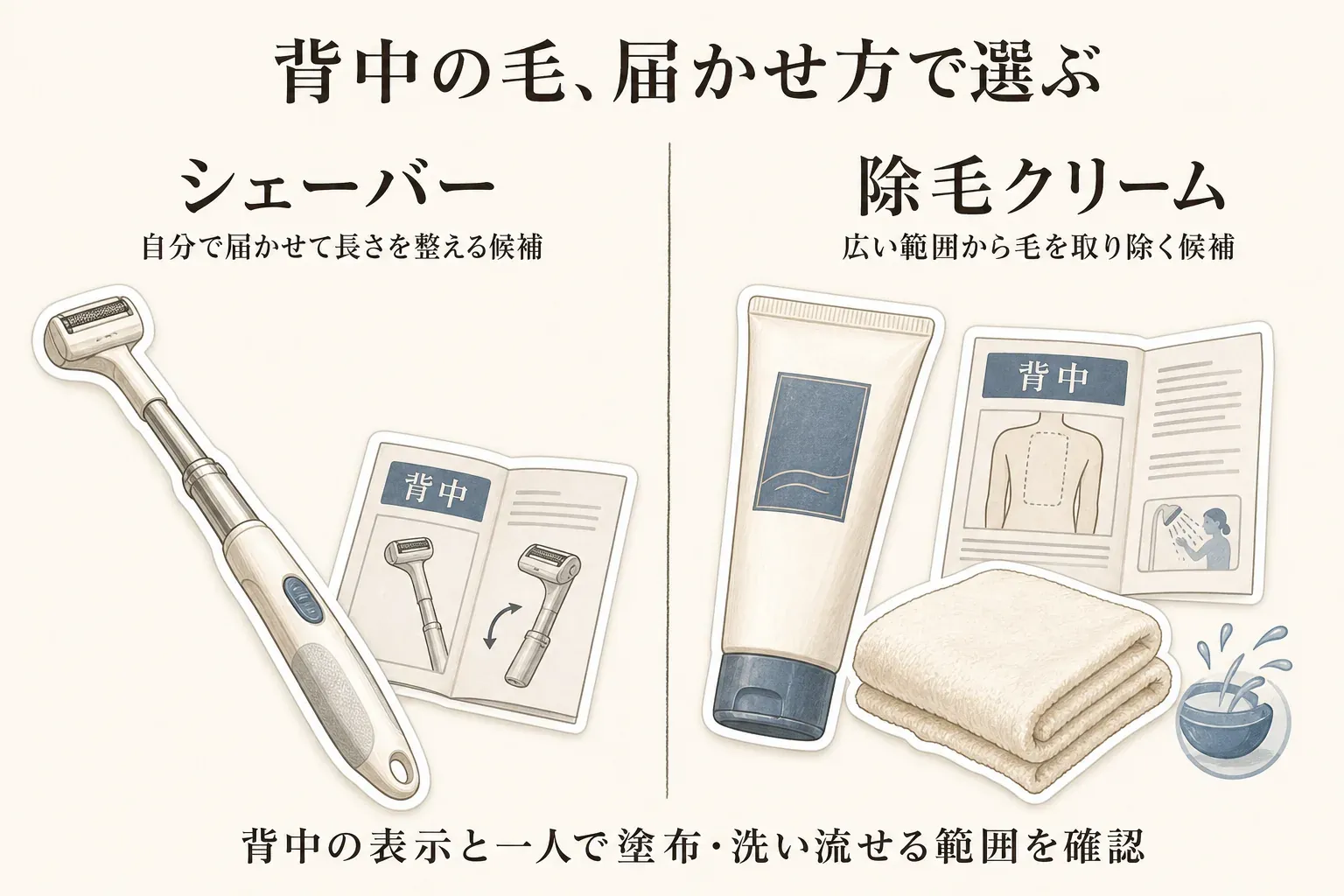 背中の毛の処理方法を選ぶ図。自分で背中へ届かせて長さを整えたい場合はロングシェーバー、背中を含む広い範囲から毛を取り除きたい場合は背中への使用表示を確認できる除毛クリームを選択肢とし、どちらも一人で処理できる範囲と使用可能部位の確認が必要なことを示す。