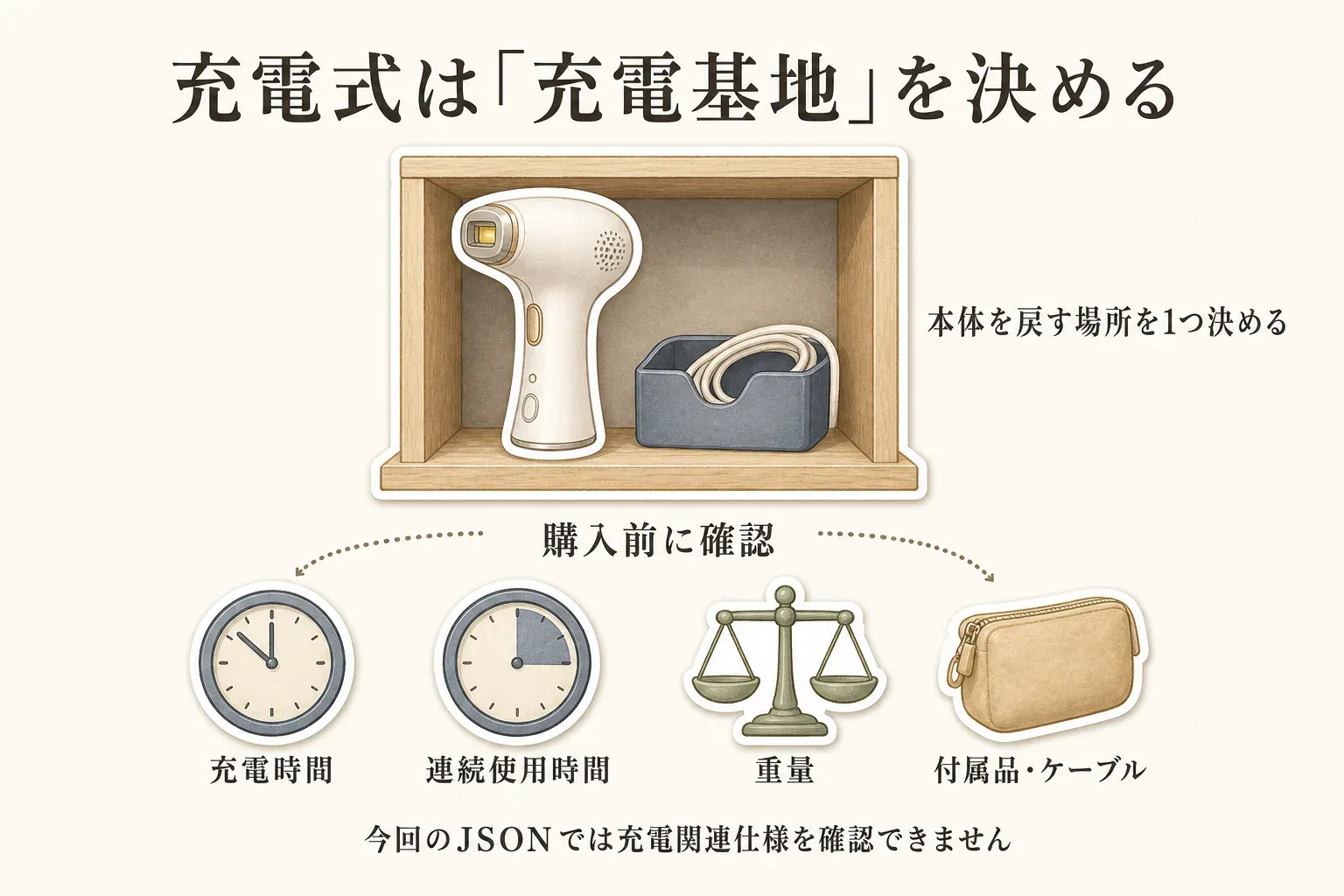 充電式の光美容器は本体を戻す場所を一つ決め、ケーブルも一緒に収納する「充電基地」の考え方を示す図。購入前に充電時間、連続使用時間、重量、付属品・ケーブルを確認することを示している。