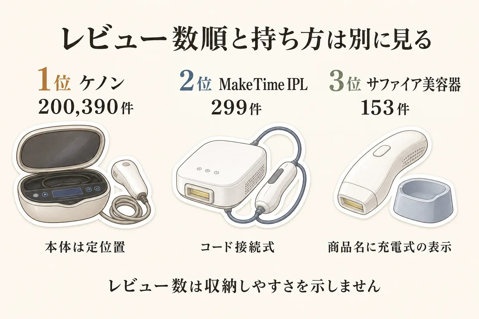 楽天レビュー数順の3候補を示す図。1位ケノンは200,390件で本体を定位置に置く据え置き型、2位MakeTime IPLは299件でコード接続式、3位サファイア美容器は153件で商品名に充電式の表示があり、レビュー数は収納しやすさを示さない。