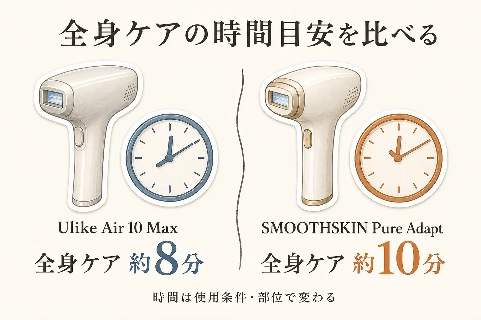 Ulike Air 10 Maxの全身ケア約8分とSMOOTHSKIN Pure Adaptの全身ケア約10分を、本体と時計のイラストで比較する図。時間は使用条件・部位で変わる商品説明の目安。出典：楽天の商品説明。