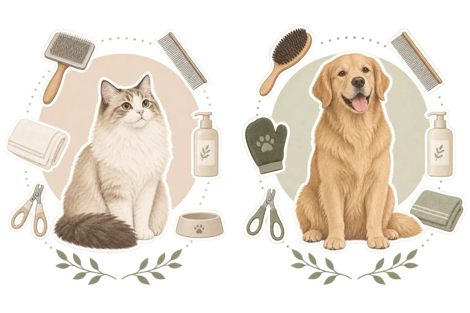 猫と犬のグルーミング用品を示す図。猫と犬の周囲にブラシ、くし、タオル、シャンプーボトル、グルーミング用手袋、はさみ、食器が配置されている。