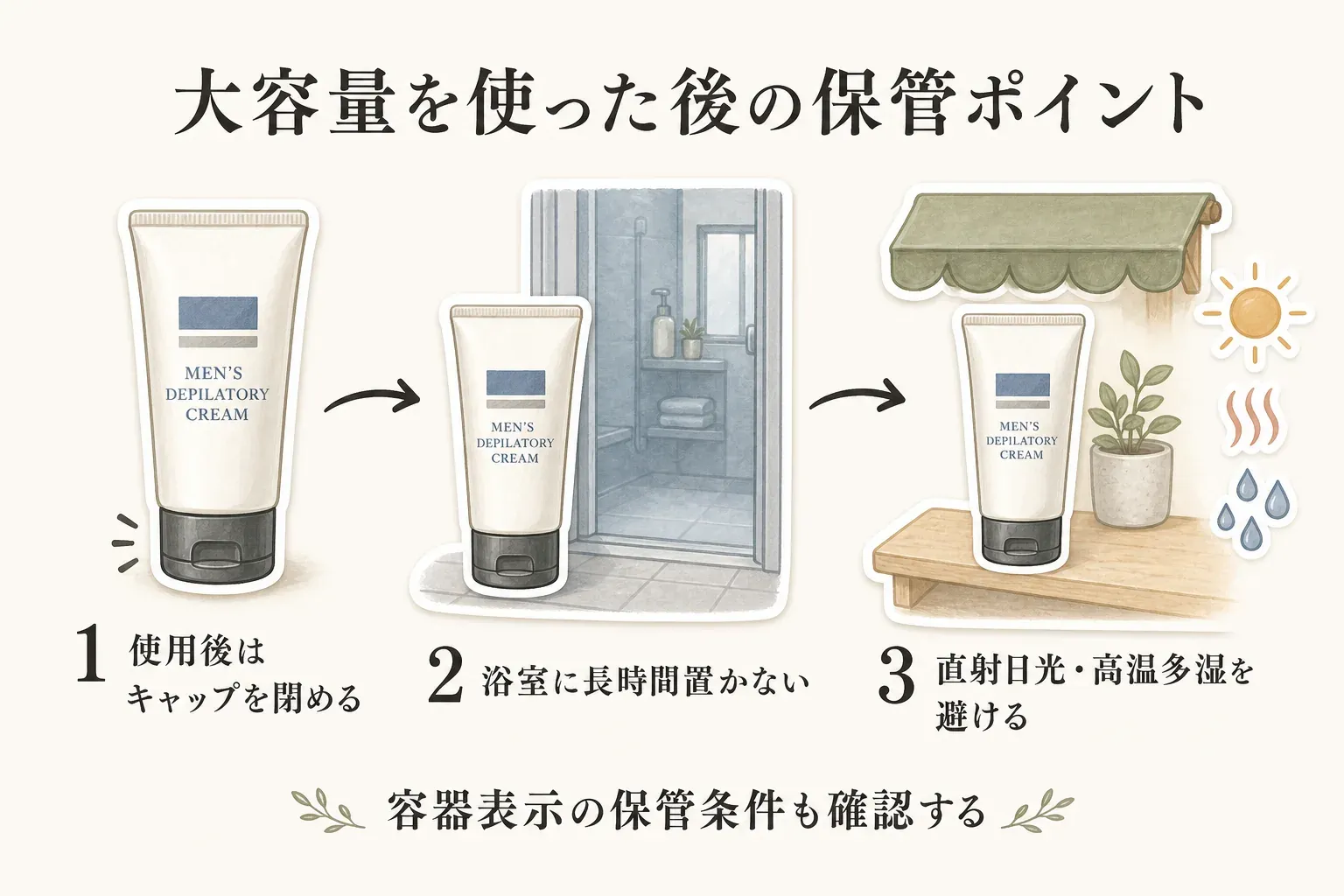 大容量の除毛クリームを使用後に保管する手順を示す図。キャップを閉め、浴室に長時間置かず、直射日光と高温多湿を避け、容器表示の保管条件も確認する。メノンとメンズゴリラの商品説明にある注意事項をもとにした内容。