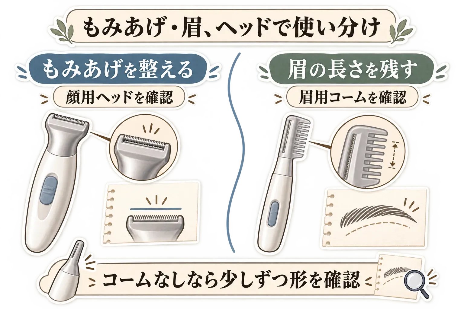もみあげを整える場合は顔用ヘッドを確認し、眉の長さを残す場合は眉用コームを確認する使い分けを示す図。コームなしで眉を整えるときは、少しずつ形を確認することを示している。
