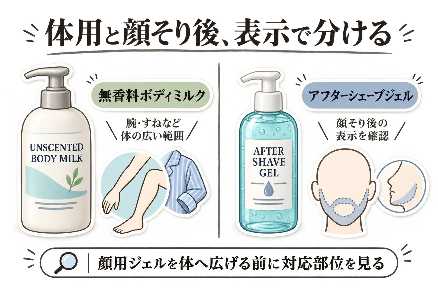 無香料ボディミルクは腕・すねなど体の広い範囲に使う表示を、アフターシェーブジェルは顔そり後の表示を確認して選ぶことを示す図。顔用ジェルを体へ広げる前に対応部位を確認するよう案内している。