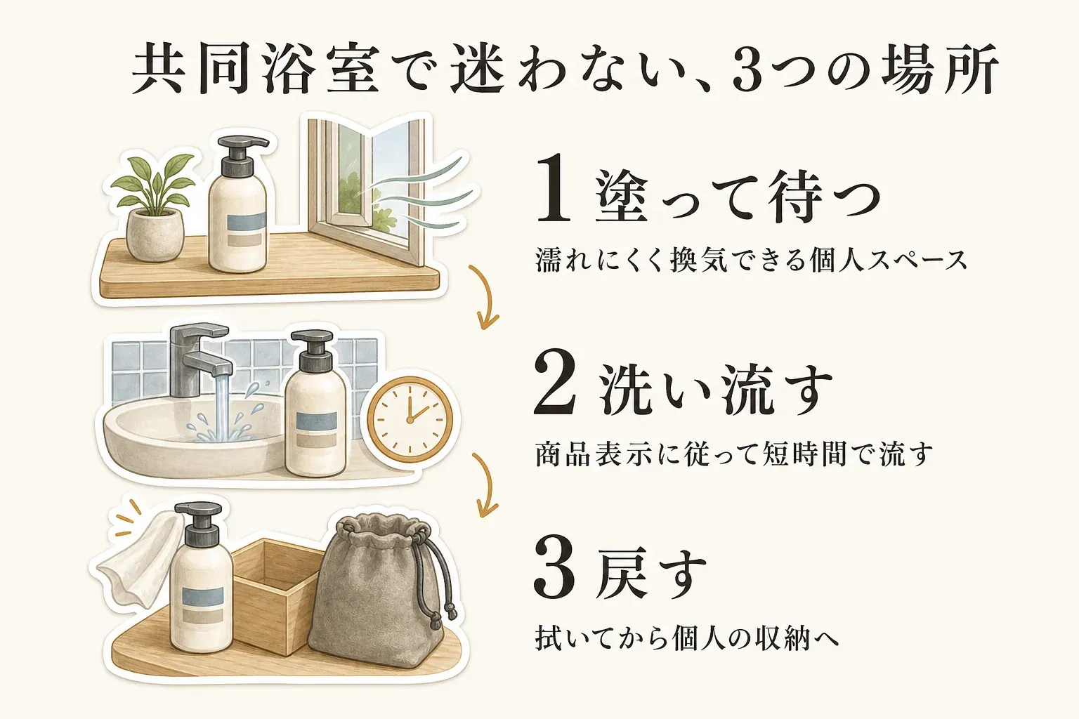 共同浴室で除毛クリームを使う3つの場所を示す図。濡れにくく換気できる個人スペースで塗って待ち、商品表示に従って短時間で洗い流し、容器の口を拭いて個人の収納へ戻す流れ。