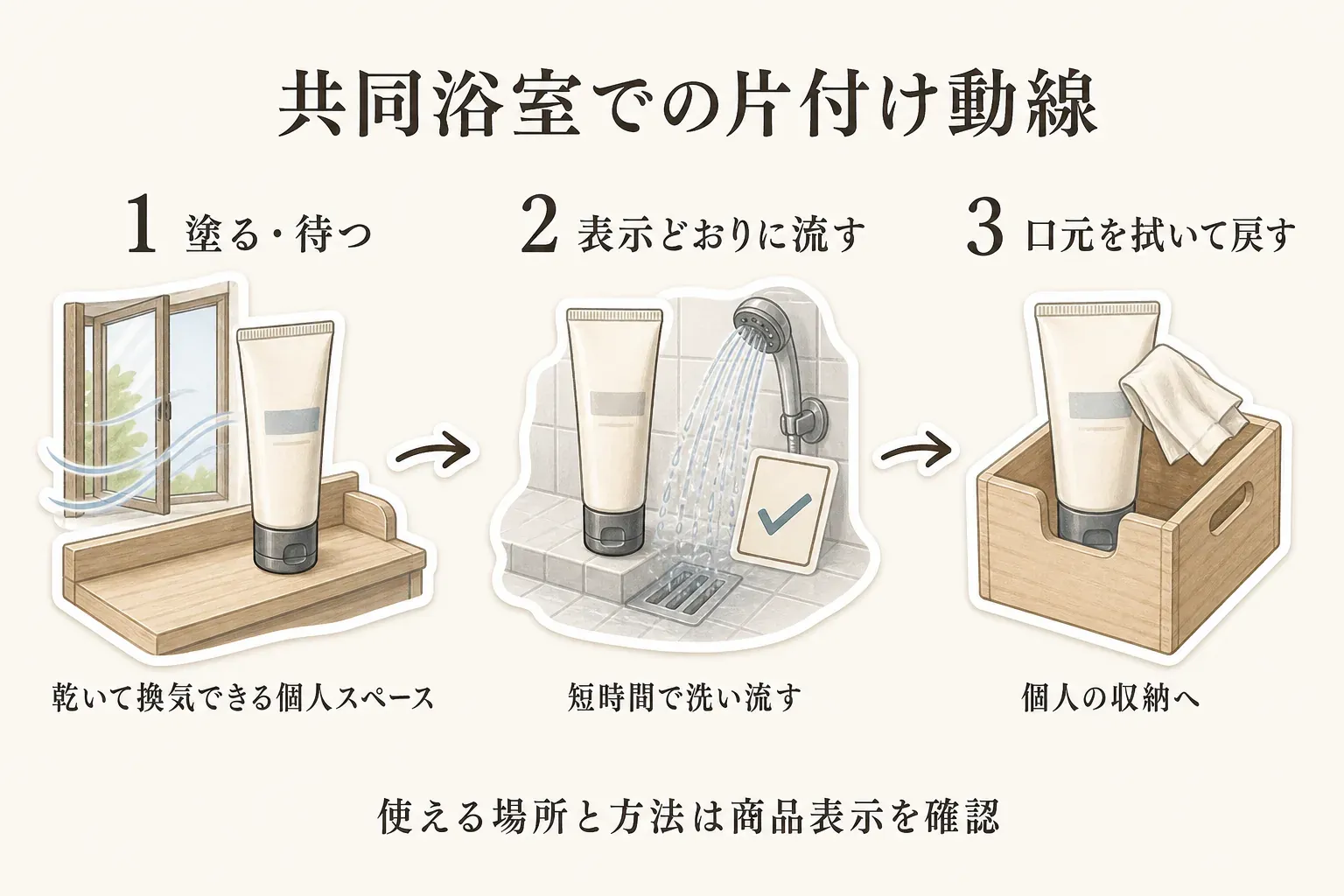 共同浴室での除毛クリームの片付け動線を示す図。乾いて換気できる個人スペースで塗って待ち、商品表示どおりに洗い流し、容器の口元を拭いて個人の収納へ戻す。使う場所と方法は商品表示を確認する。