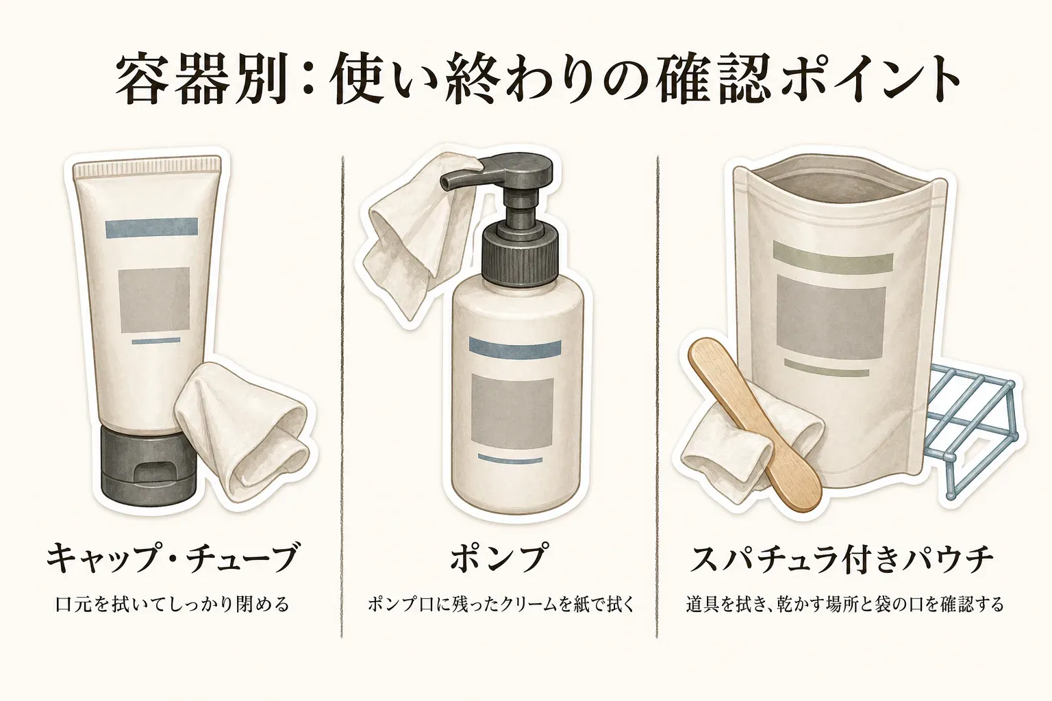 容器別の使い終わりの確認ポイントを示す図。キャップ・チューブは口元を拭いてしっかり閉め、ポンプは口に残ったクリームを紙で拭き、スパチュラ付きパウチは道具を拭いて乾かす場所と袋の口を確認する。