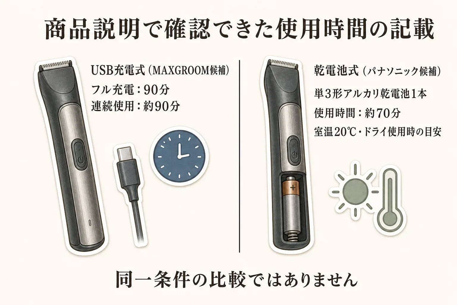 商品説明で確認できた使用時間の記載。USB充電式のMAXGROOM候補はフル充電90分・連続使用約90分、乾電池式のパナソニック候補は単3形アルカリ乾電池1本で約70分（室温20℃・ドライ使用時の目安）で、同一条件の比較ではないことを示す図。