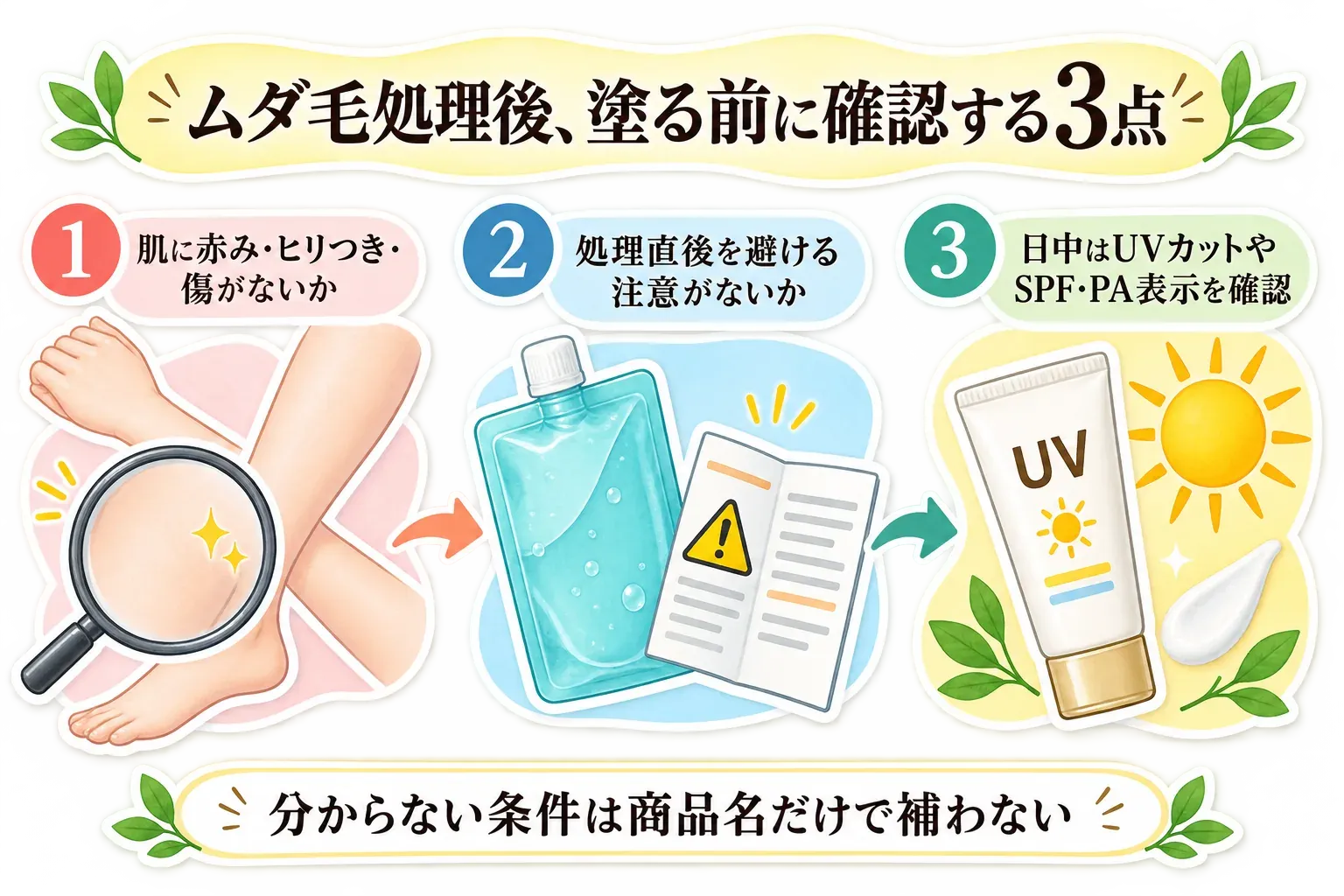ムダ毛処理後に塗る前の3点チェックを示す図。1は肌に赤み・ヒリつき・傷がないか、2は処理直後の使用を避ける注意がないか、3は日中用にUVカットやSPF・PA表示を確認すること。分からない条件は商品名だけで補わないよう案内している。