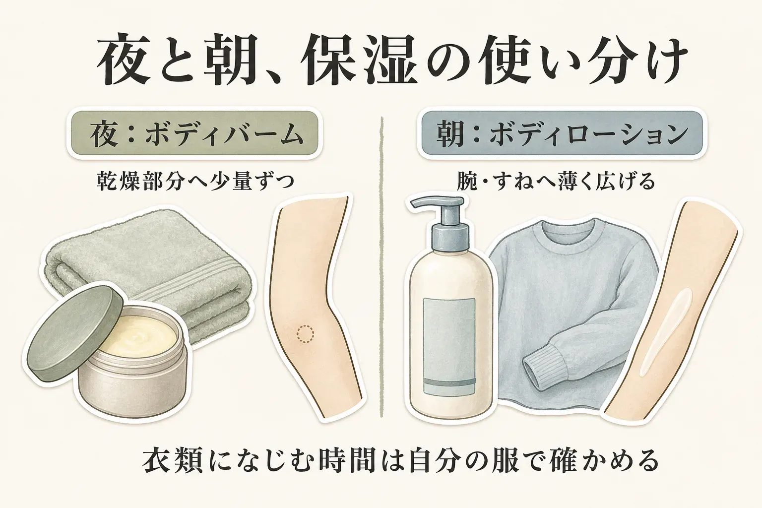 夜はボディバームを乾燥部分へ少量ずつ使い、朝はボディローションを腕・すねへ薄く広げる保湿の使い分けを示す図。衣類になじむ時間は自分の服で確かめるよう案内している。