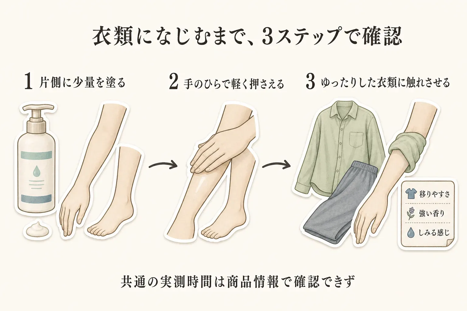 衣類になじむまでを3ステップで確かめる図。1は腕またはすねの片側へ少量を塗る、2は手のひらで軽く押さえる、3はゆったりした衣類に触れさせ、移りやすさ・香り・しみる感覚を確認する。商品情報に共通の実測時間はないことを示している。