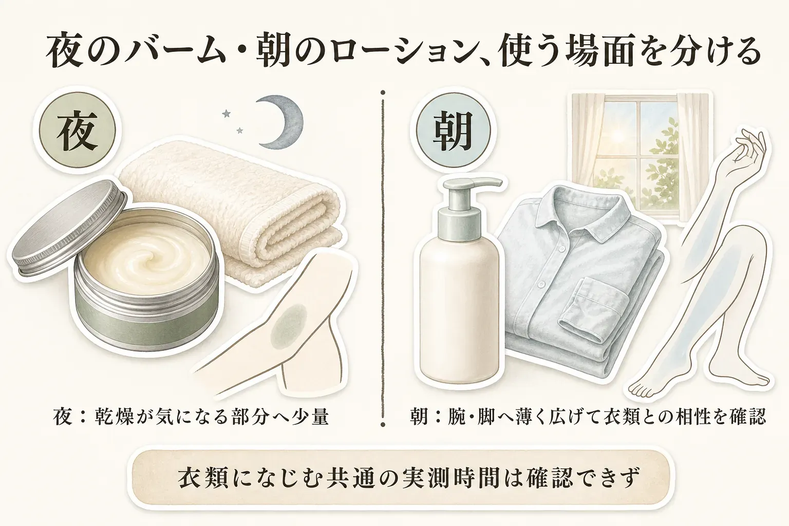 夜はボディバームを乾燥が気になる部分へ少量、朝はボディローションを腕・脚へ薄く広げて衣類との相性を確認する使い分けを示す図。衣類になじむ共通の実測時間は確認できないことを併記している。