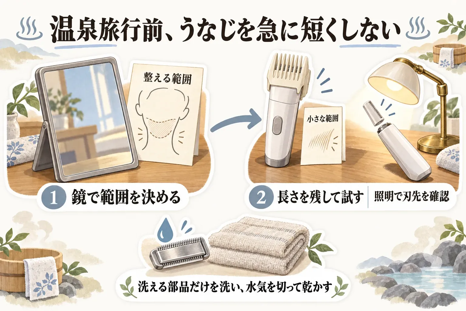 温泉旅行前のうなじケア準備を示す図。鏡で整える範囲を決め、長さを残して小さな範囲から試し、照明で刃先を確認し、洗える部品だけを洗って水気を切り乾かす流れを描く。