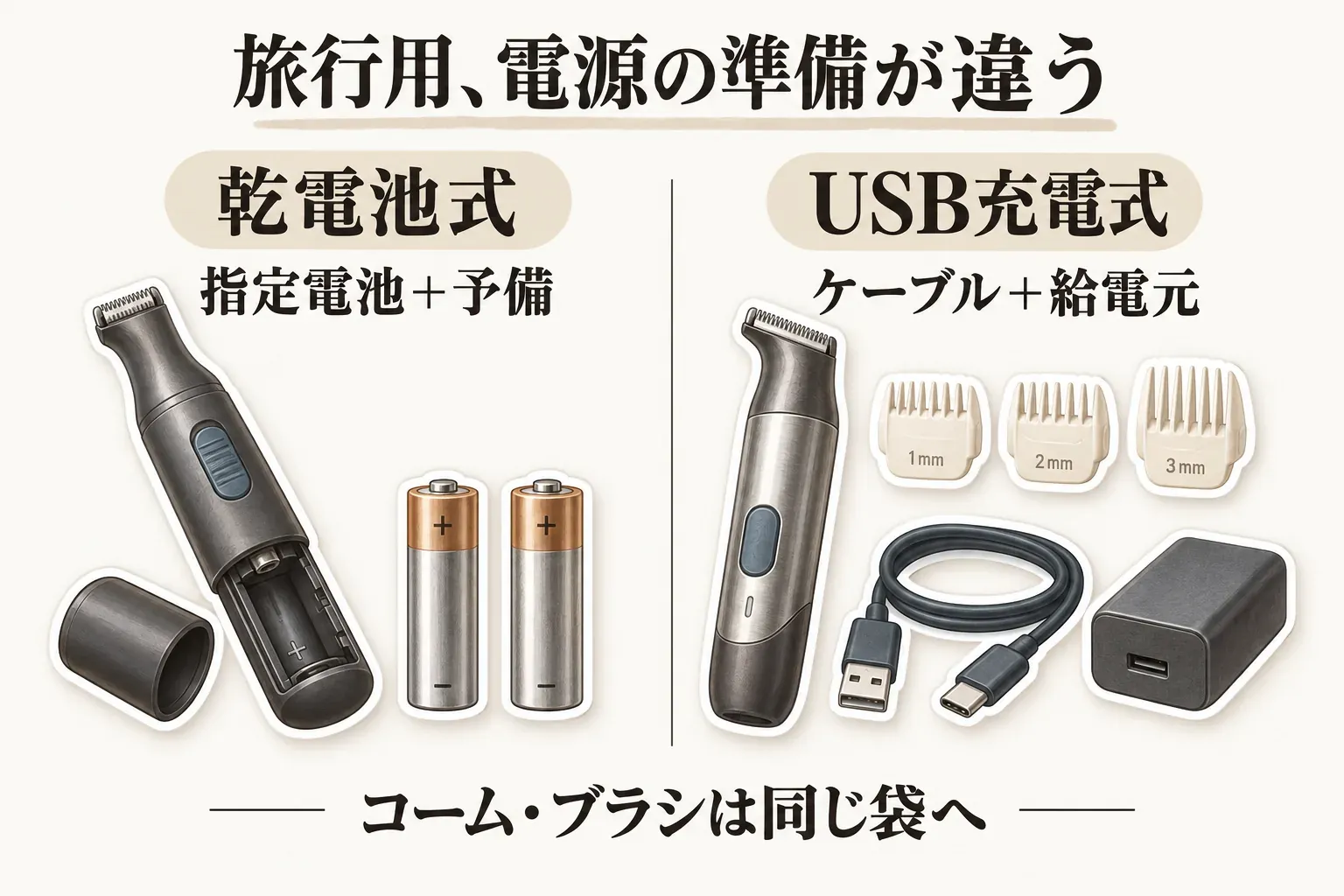 旅行用シェーバーの電源準備を比較した図。乾電池式は指定電池と予備、USB充電式はケーブルと給電元を用意し、コームとブラシはいずれも同じ袋に入れることを示す。